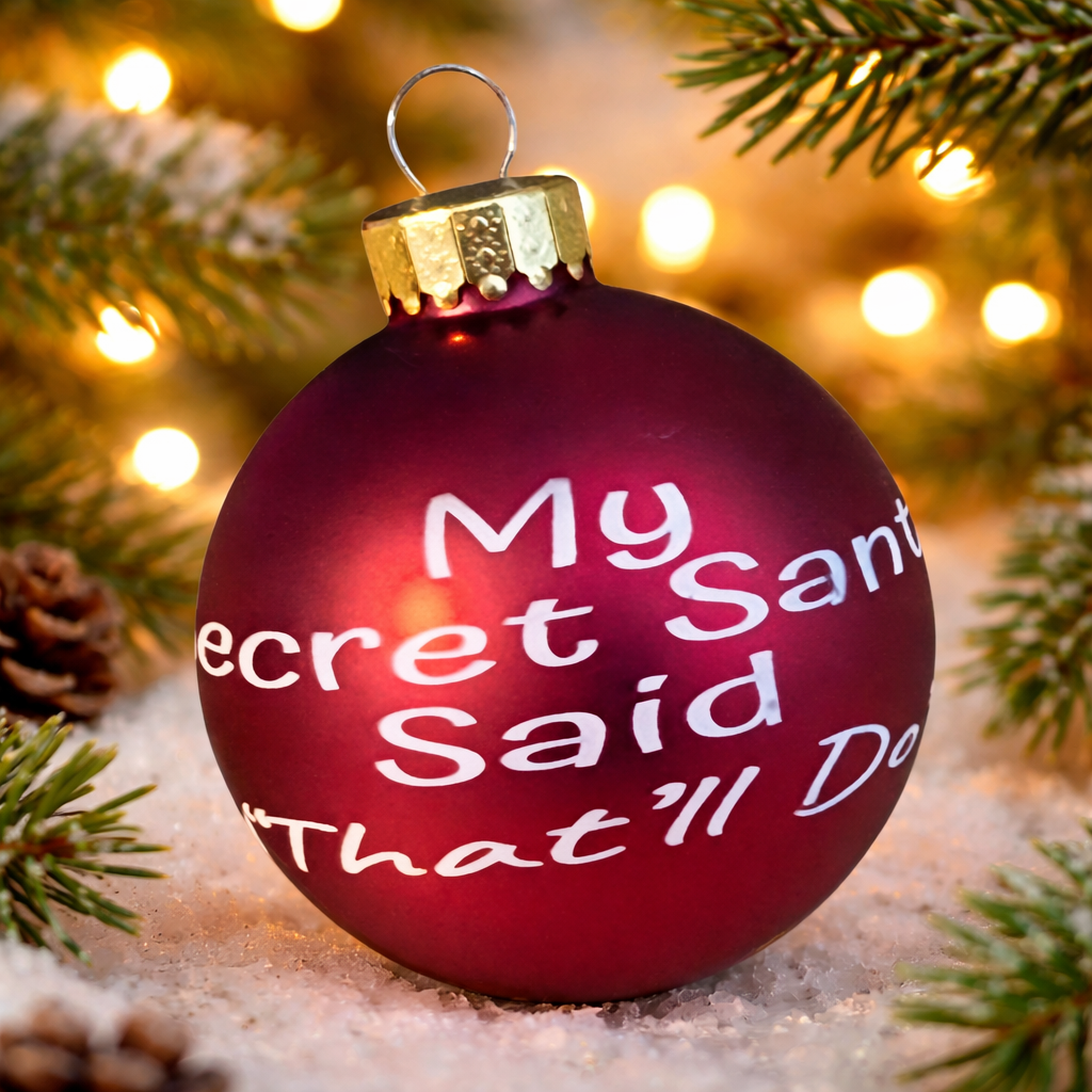 Red Christmas ornament with white text on a snowy background with lights and tree branches.