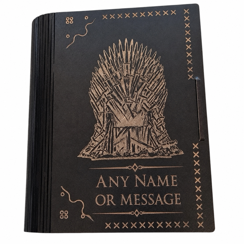 Iron Throne Gift, Fantasy Gift, Personalised Gift, Wooden Book Box, Secret Storage, Keepsake Box, Fantasy Decor, Custom Name Gift, Book Lover Gift, Collector Gift, Handmade UK, Throne Inspired, Wooden Keepsake