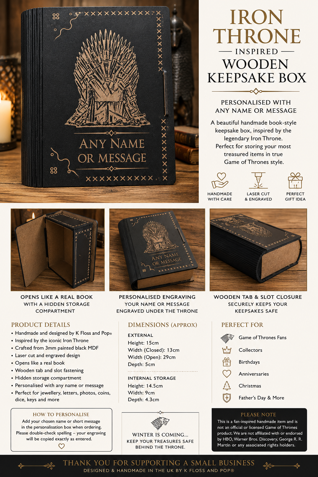 Personalised Iron Throne Inspired Wooden Keepsake Box | Fantasy Book Box