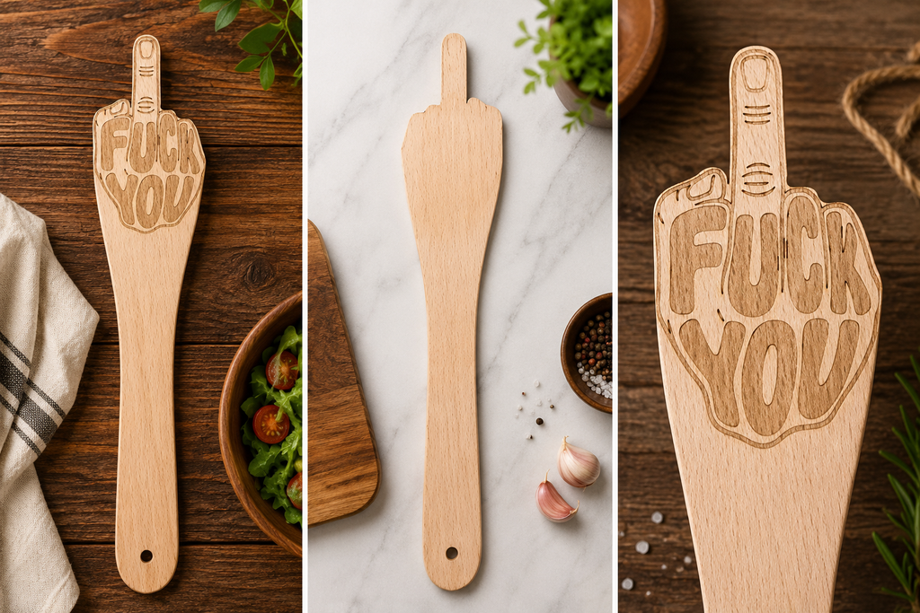 A wooden kitchen utensil shown in three vertical panels on a wood and white marble background. The utensil has a hand-shaped head with the words 'FUCK YOU' engraved on it and a long handle with a hole at the end.