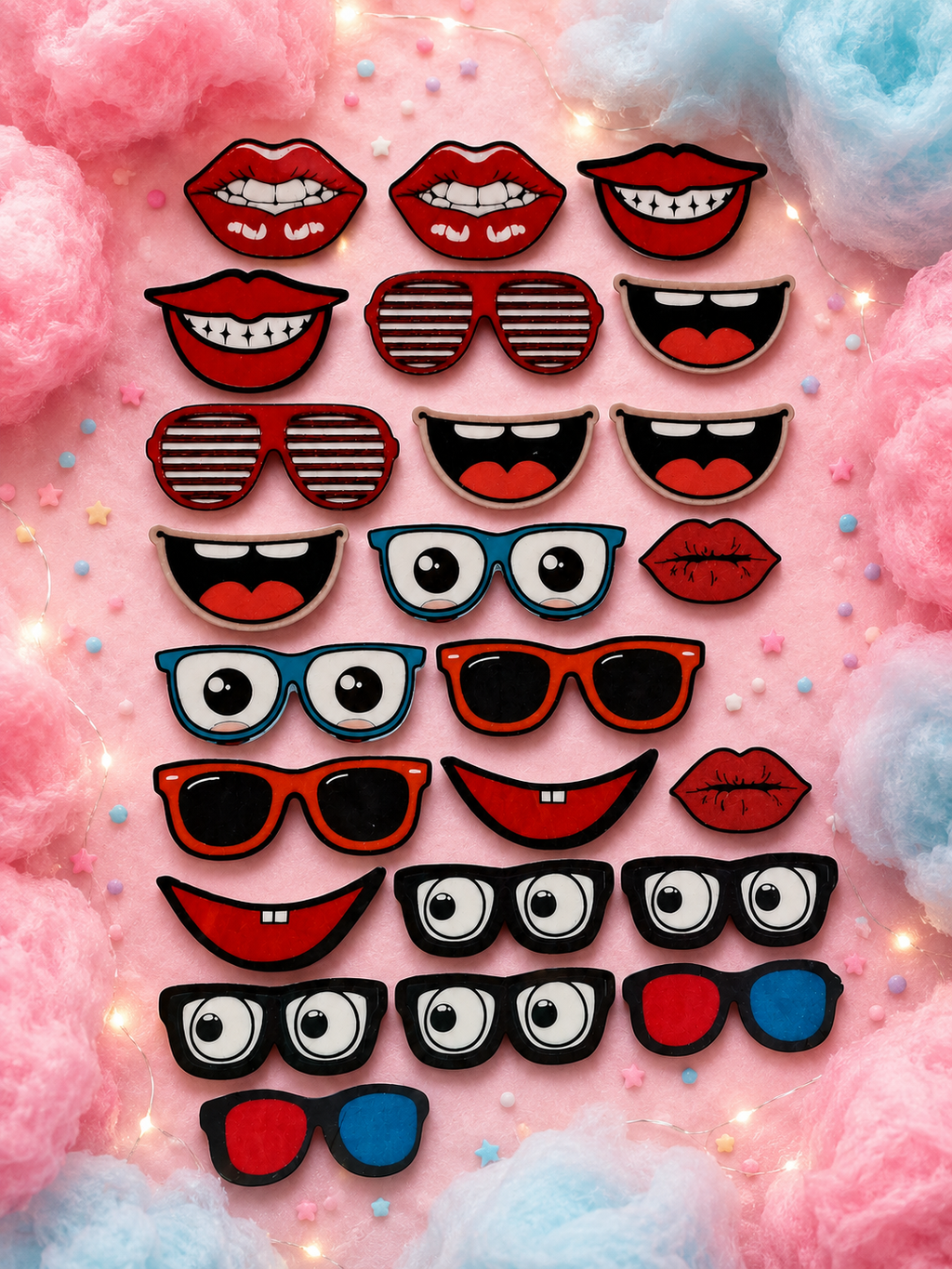Collection of stylized lips and sunglasses on a pink background with cotton candy.