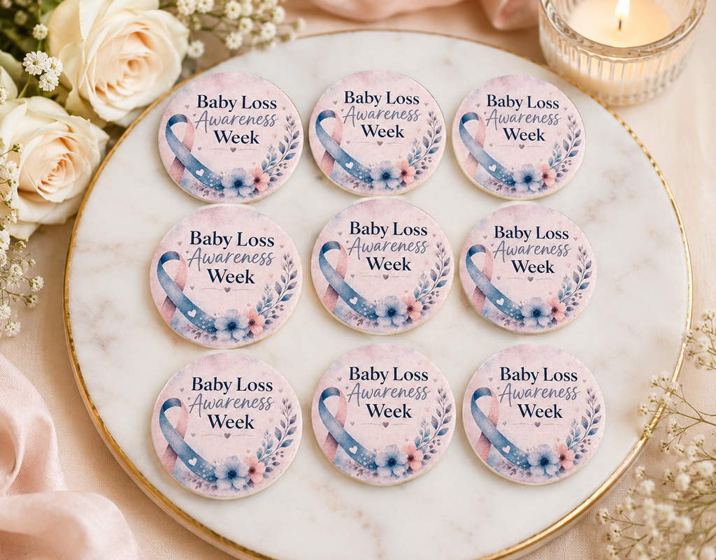 Decorative buttons for Baby Loss Awareness Week on a marble plate with flowers and candles.