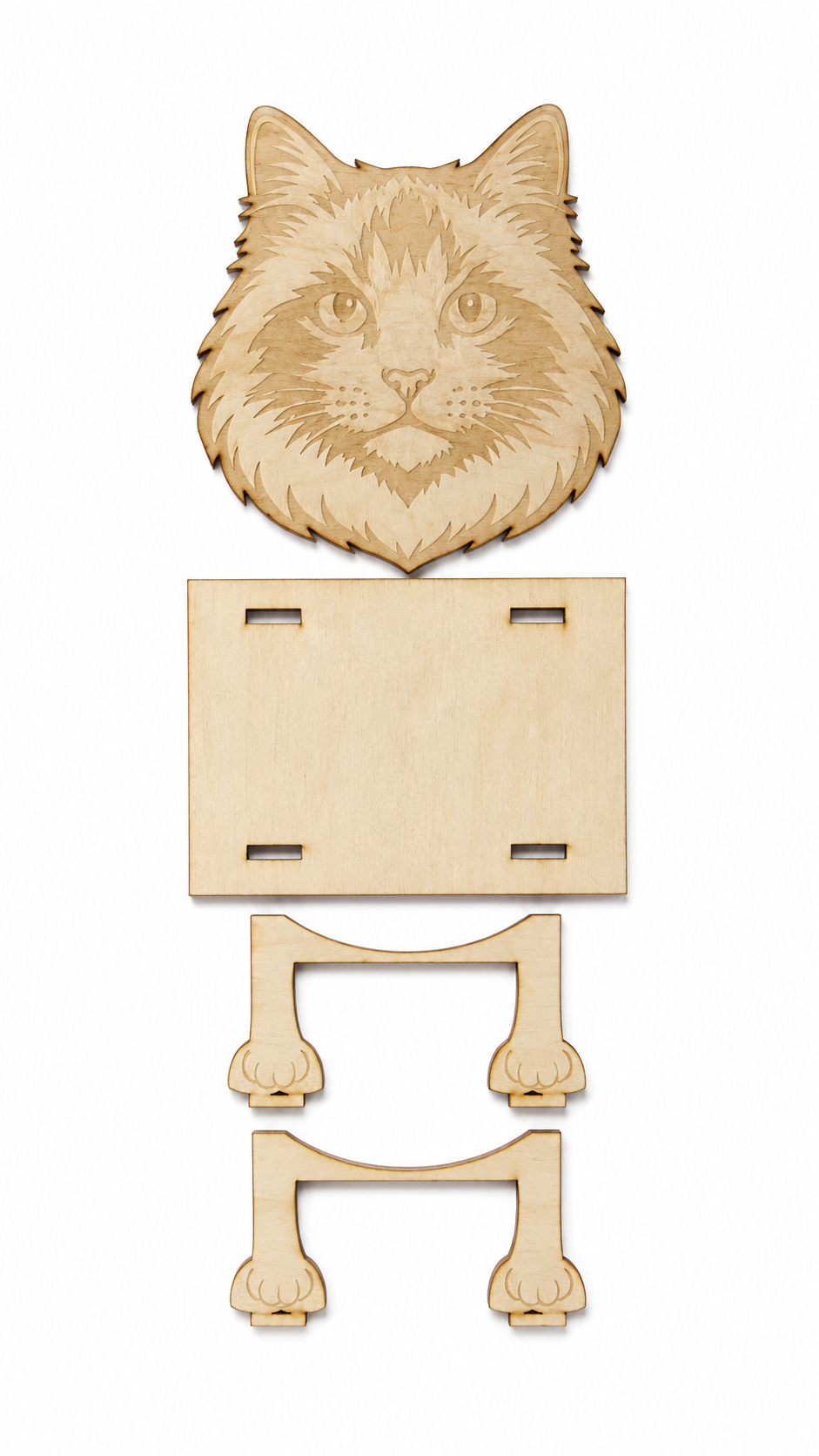 Wooden laser-cut cat-shaped sign with a face and paw prints on a white background