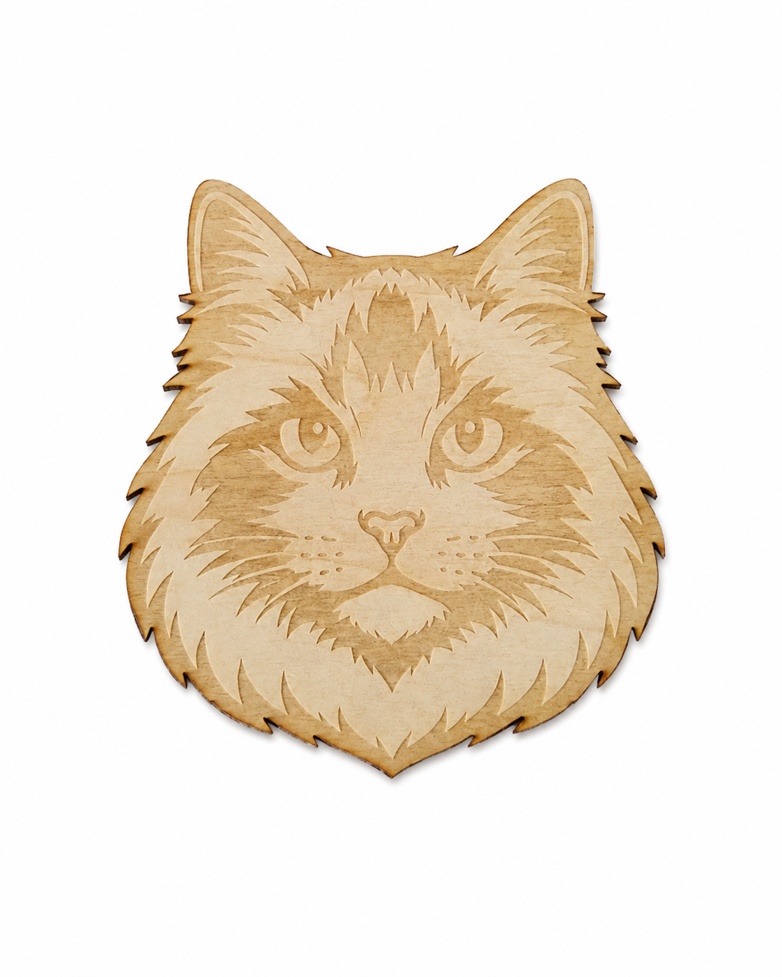 Wooden cutout of a cat's face on a white background