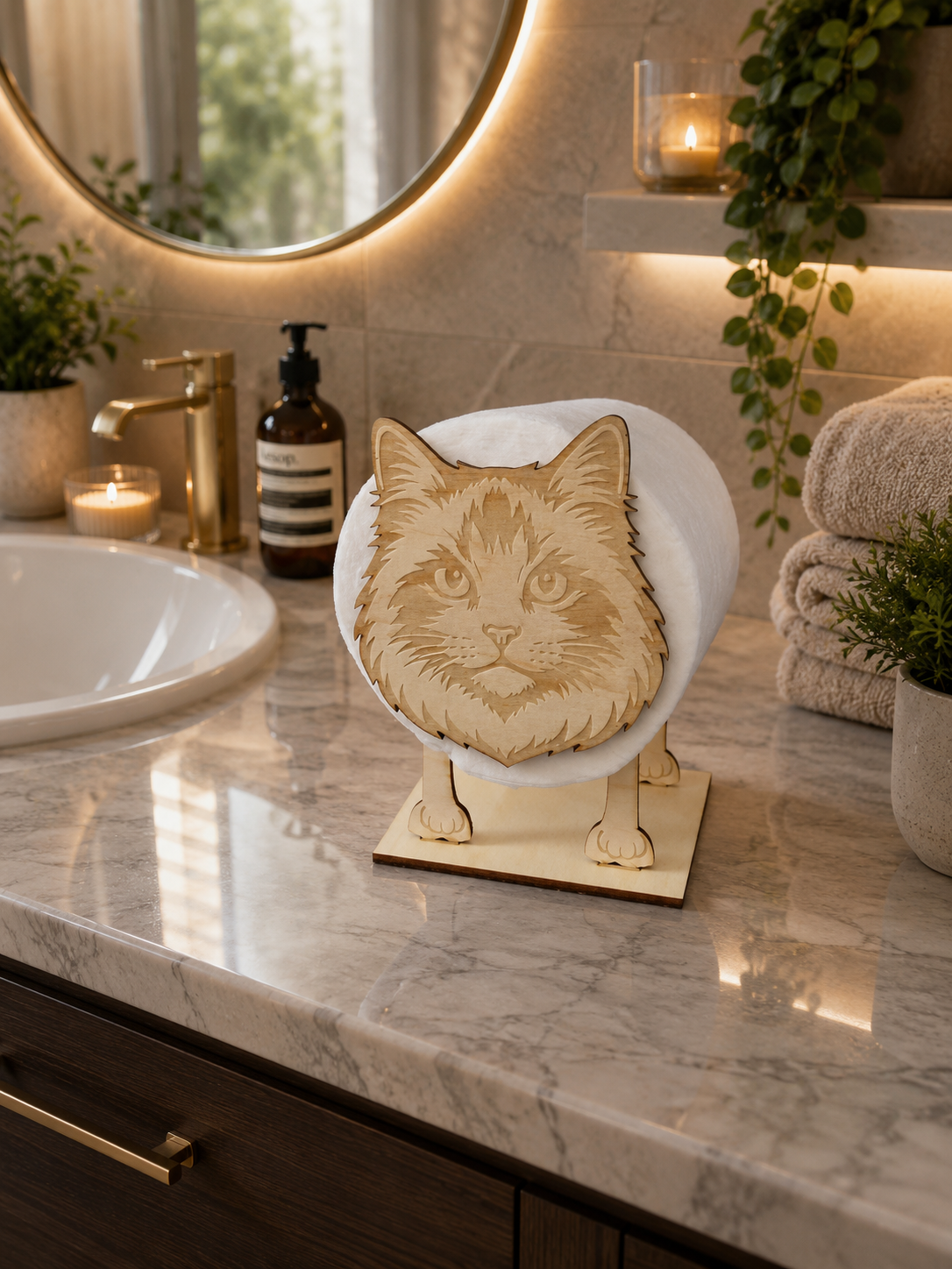 Cat-shaped lamp on a bathroom counter with sink and mirror in the background