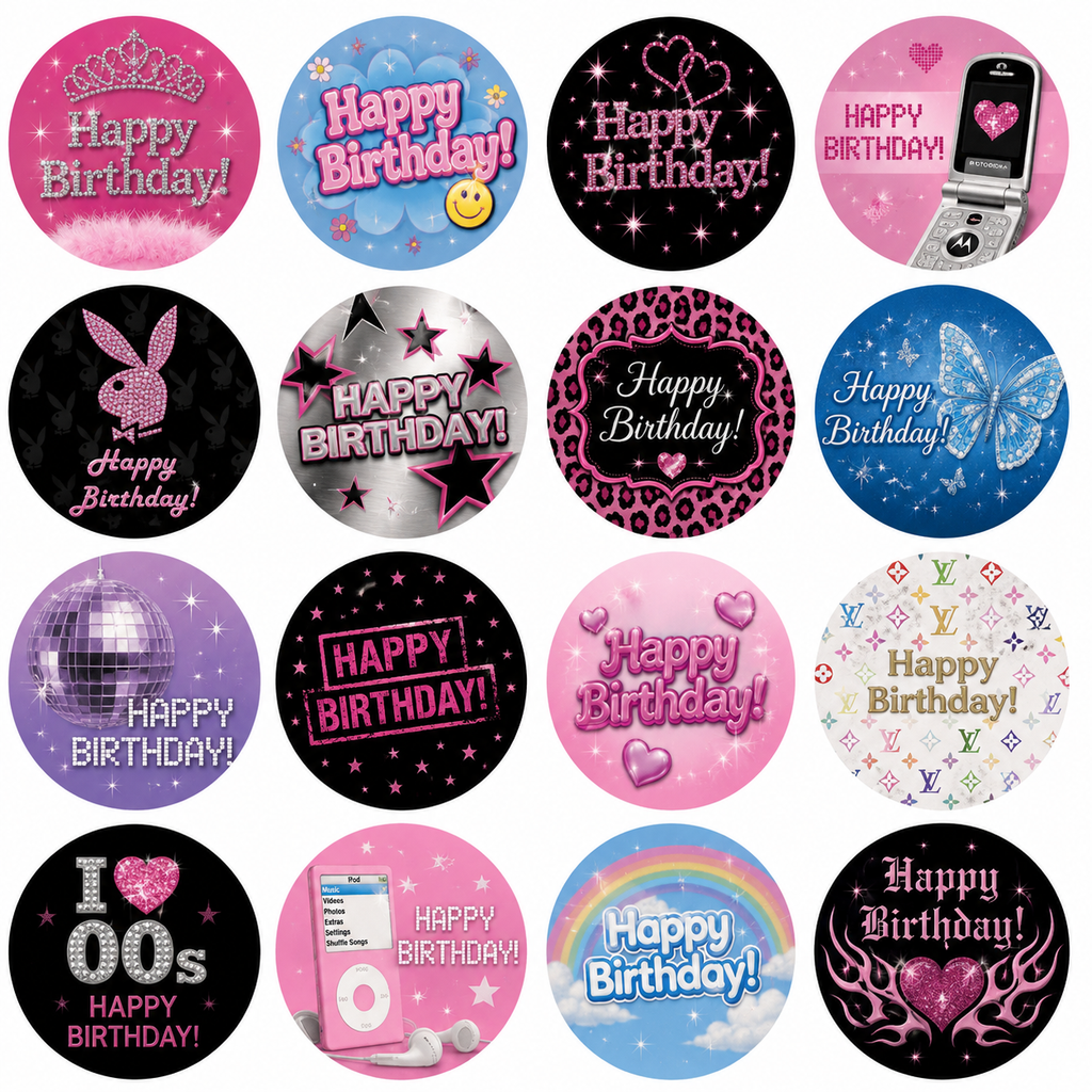 Collection of round birthday-themed stickers with various designs and text.