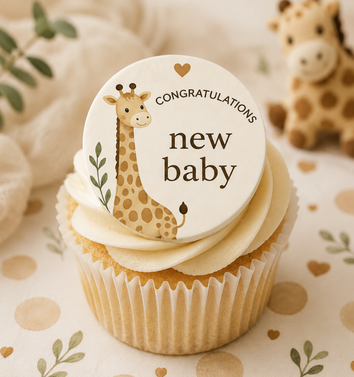 Cupcake with a 'Congratulations new baby' topper featuring a giraffe design on a patterned background.