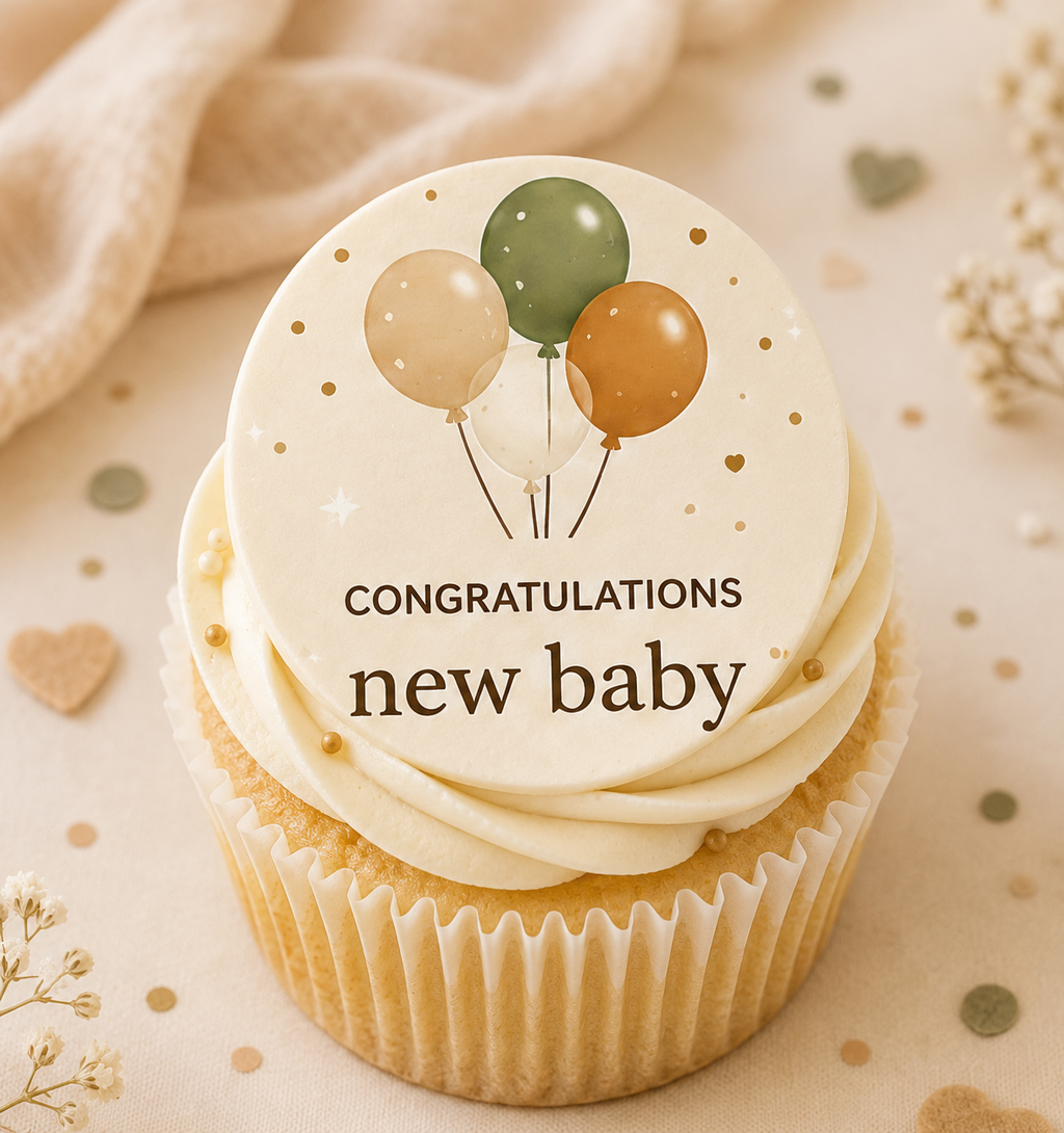 Cupcake with 'Congratulations new baby' topper on a beige background