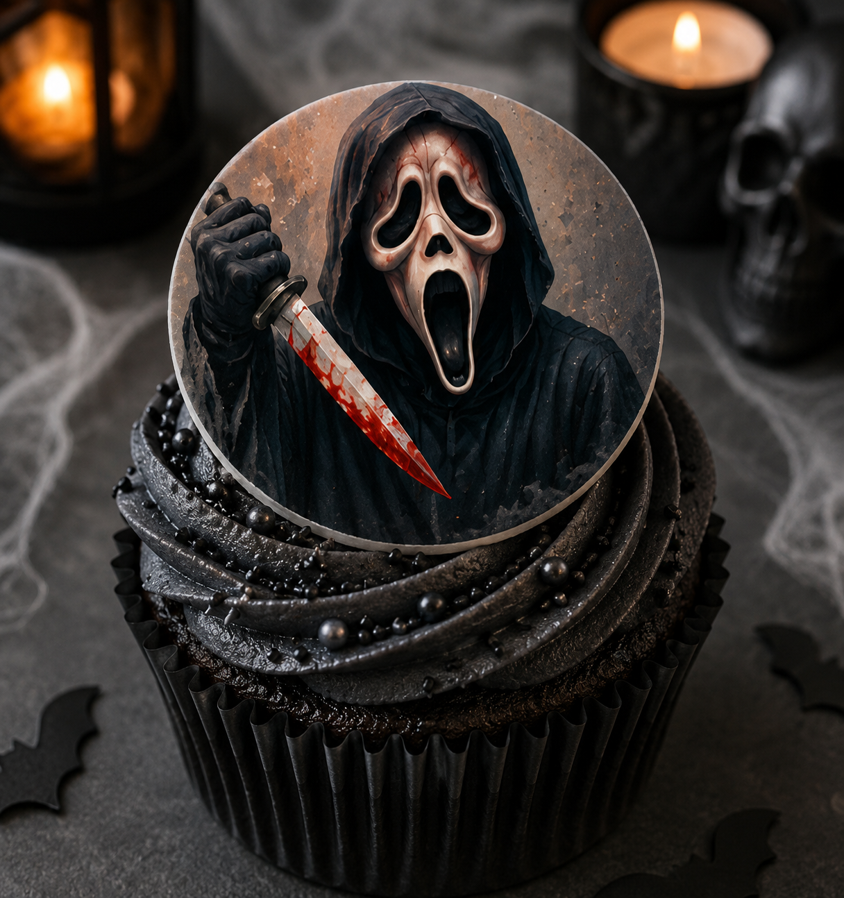 Cupcake with a Halloween-themed topper featuring a character with a mask and knife on a dark background.