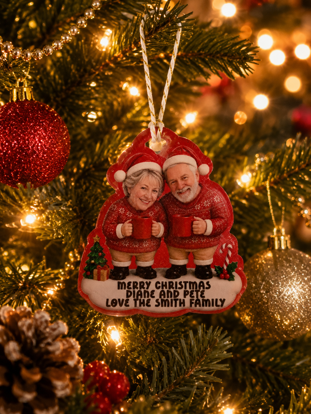 Personalised 2D acrylic Christmas hanging ornament with custom face and message, white back and string attached.