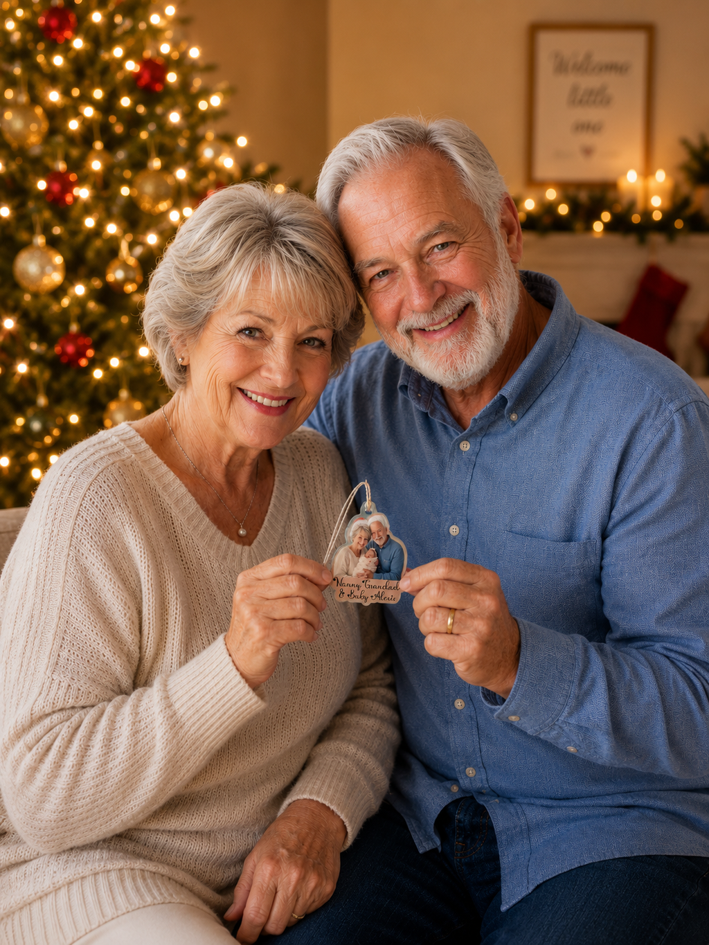 Senior couple holding a photo of a child in front of a Christmas tree.