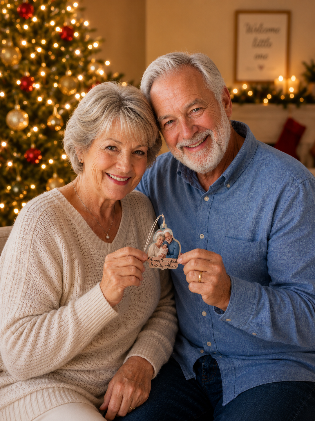 Senior couple holding a photo of a child in front of a Christmas tree.