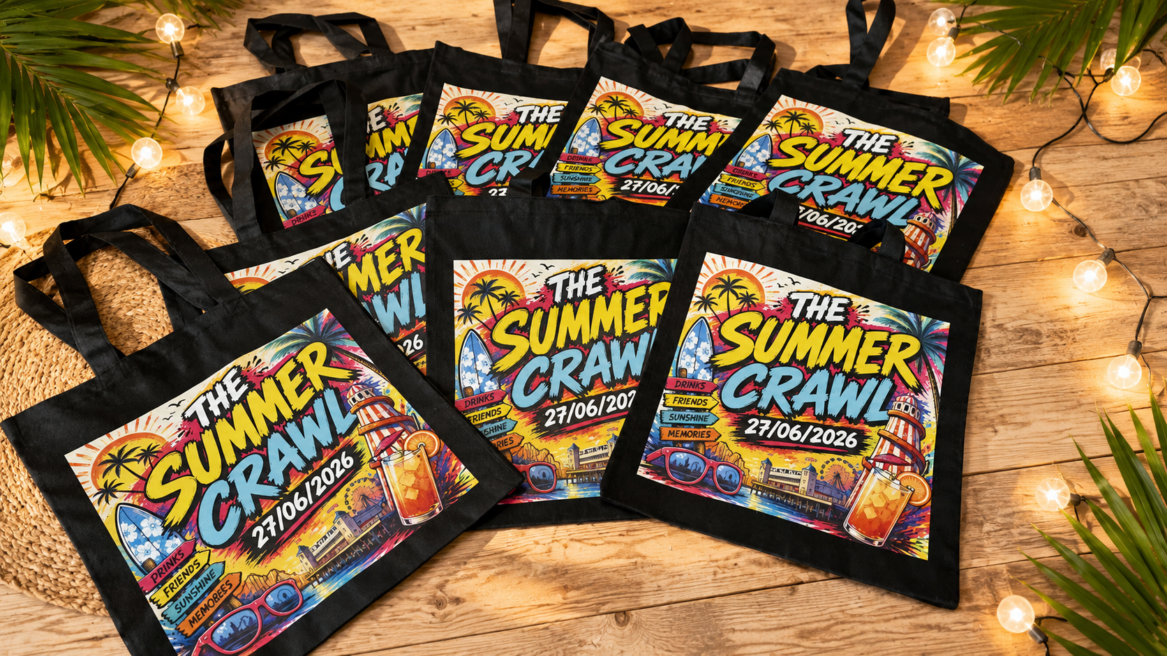 Promotional tote bags for 'The Summer Crawl' event on a wooden surface with decorative lights and palm leaves.