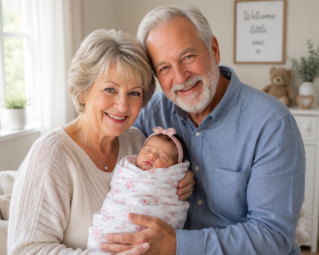 Grandparents holding a baby in a home setting