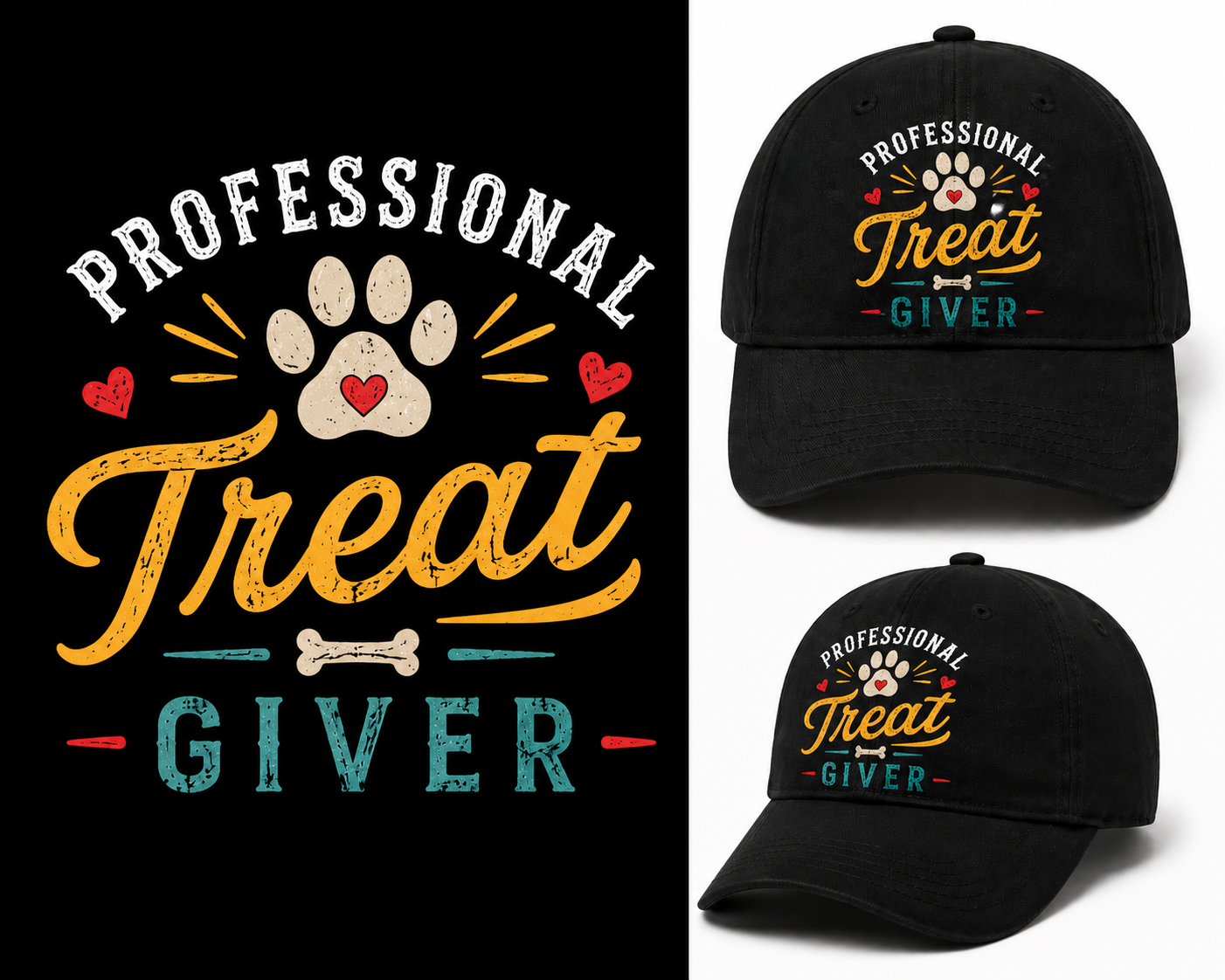 Three black baseball caps shown on a black background, with a large matching graphic on the left and two smaller views of the cap on the right. The cap design reads 'PROFESSIONAL Treat GIVER' with a paw print, small red hearts, and a bone.