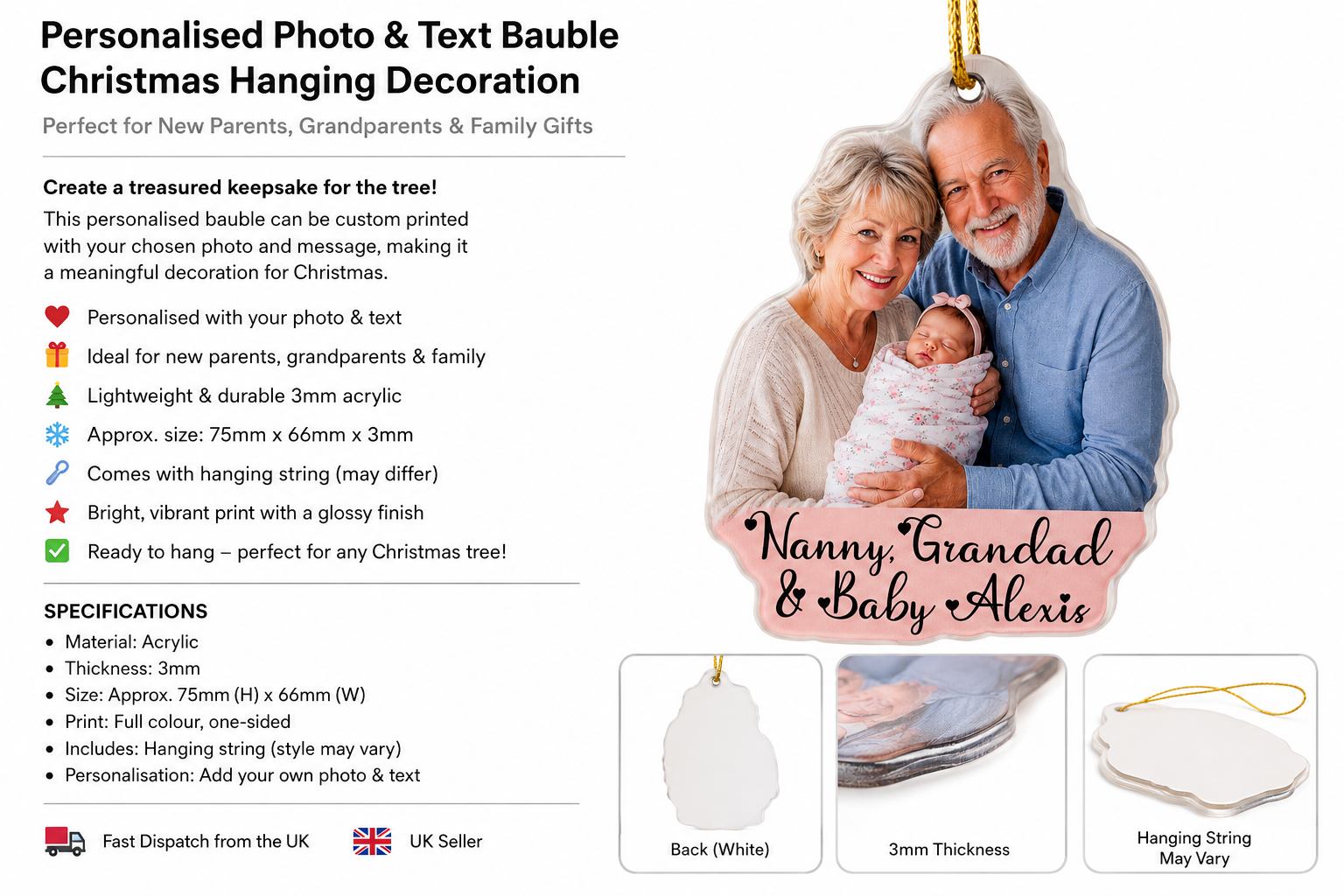 Personalised photo and text bauble with an image of a couple holding a baby, suitable for Christmas decorations.