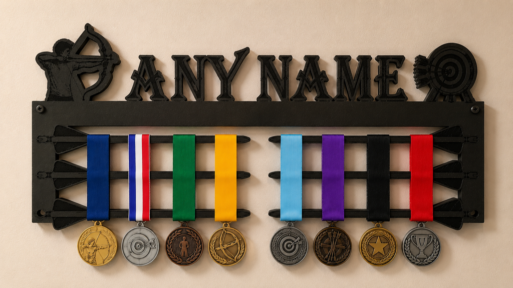 A black metal wall-mounted display rack with a customizable name plate reading ANY NAME, decorated with military-style medals and ribbons on both sides, shown against a beige wall.