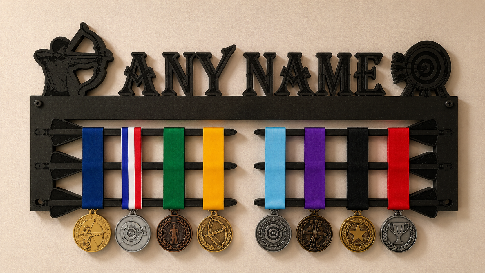 A black metal wall-mounted display rack with a customizable name plate reading ANY NAME, decorated with military-style medals and ribbons on both sides, shown against a beige wall.