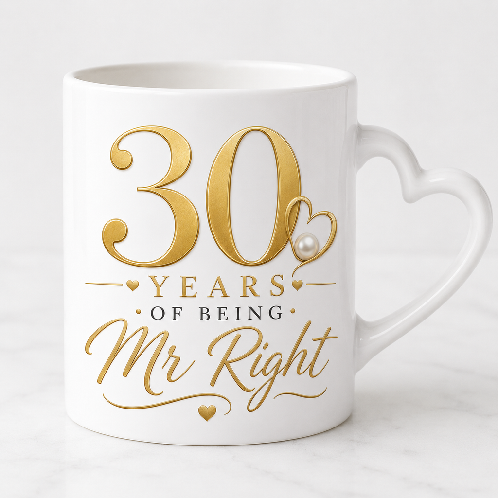 White mug with gold text '30 Years of Being Mr Right' on a white background