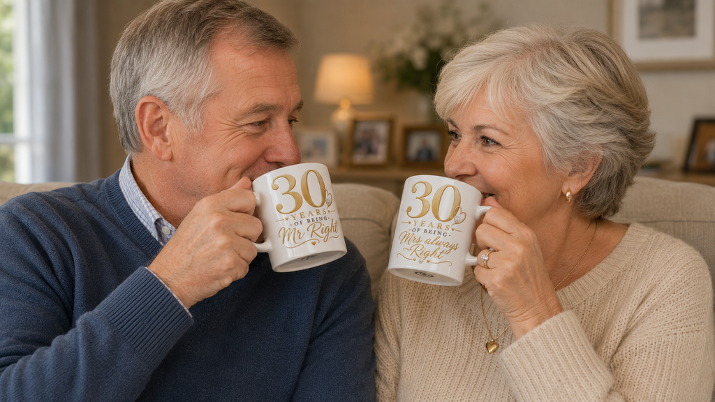 Senior couple drinking from mugs with '30' and 'Mr Right' text in a cozy living room.
