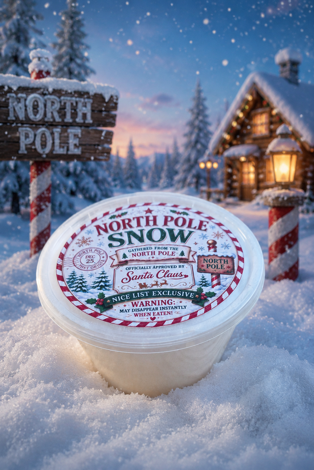 Container labeled 'North Pole Snow' with festive design on a white background