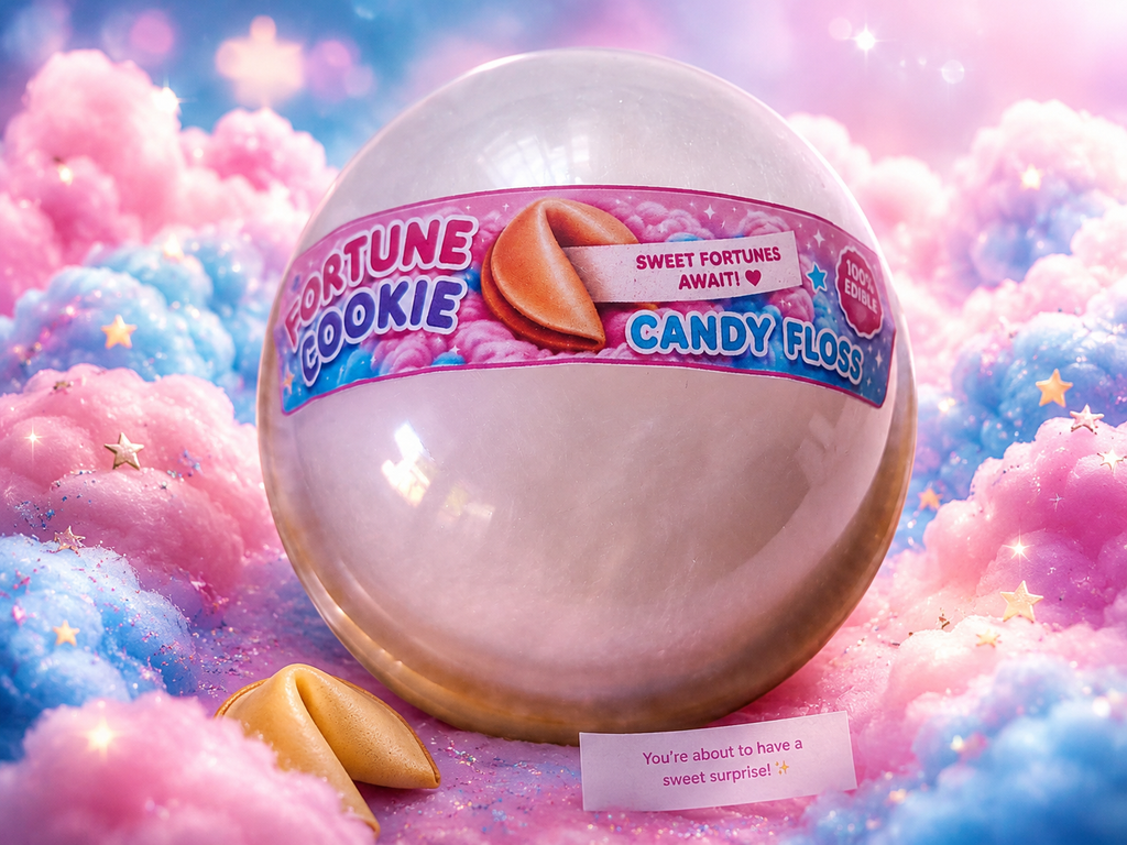 Fortune Cookie Candy Floss package with a colorful cloud background