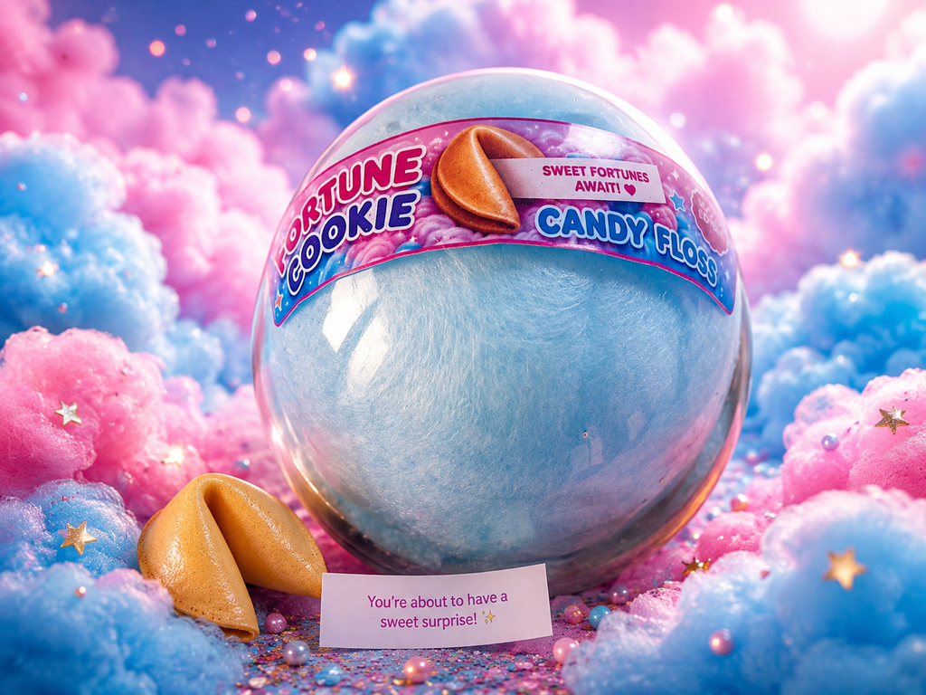Fortune Cookie Candy Floss package with candy floss in a ball on a cloud-themed background