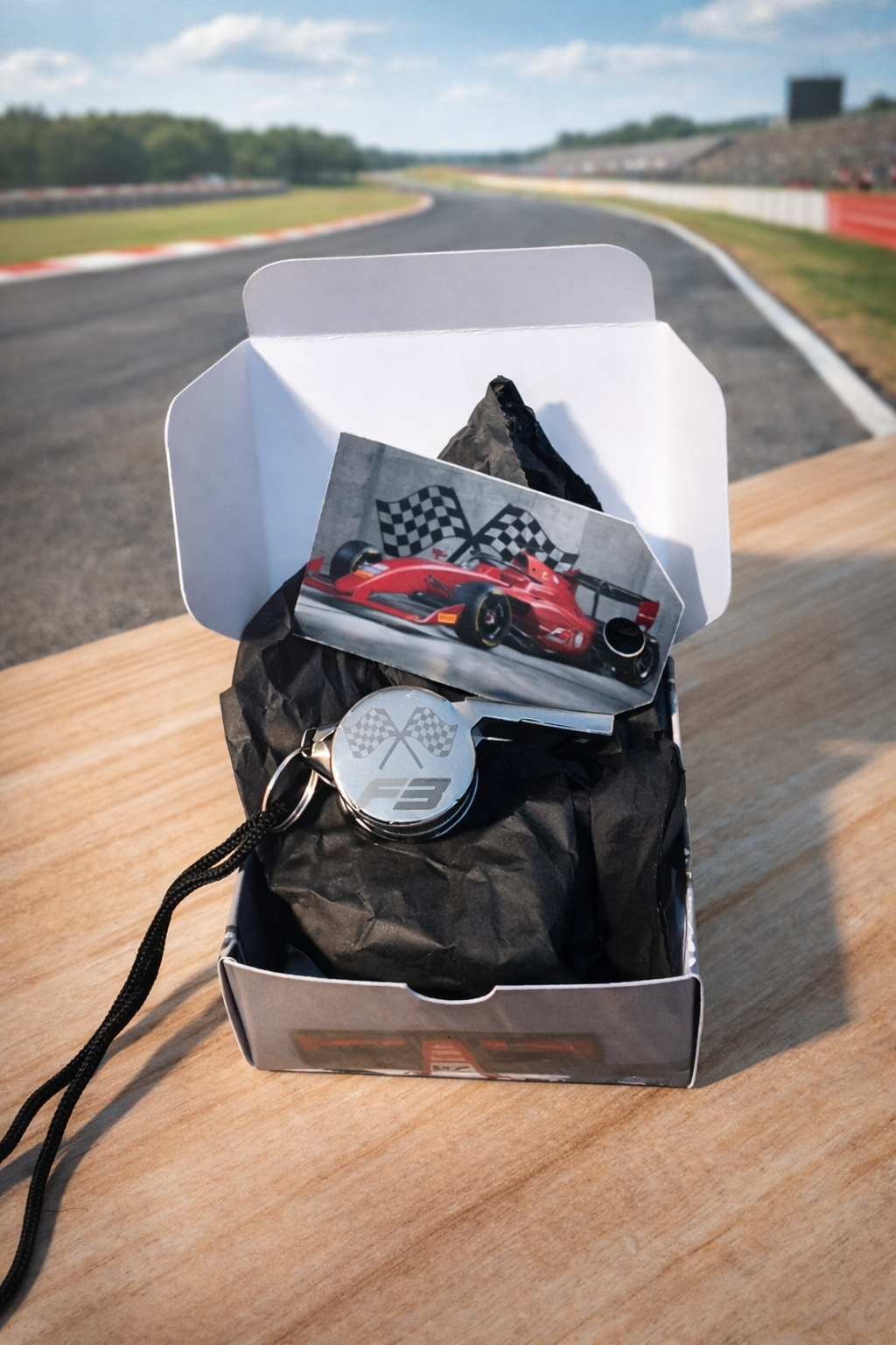 Packaged items including a car model and a badge on a wooden surface with a track in the background