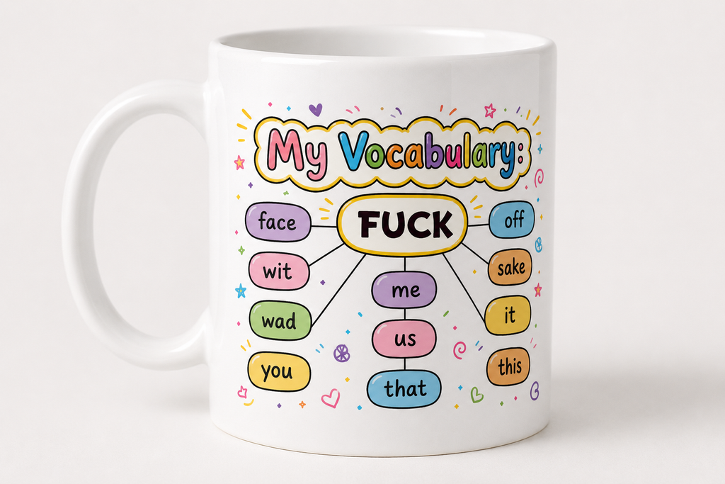 Mug with colorful vocabulary chart including profanity on a white background