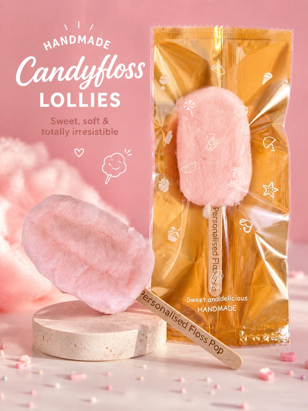 Pink candyfloss lolly with packaging on a pink background