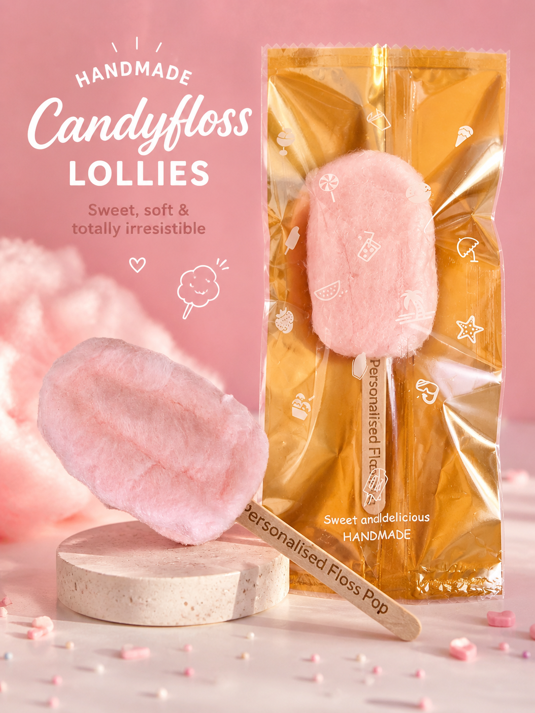 Pink candyfloss lolly with packaging on a pink background