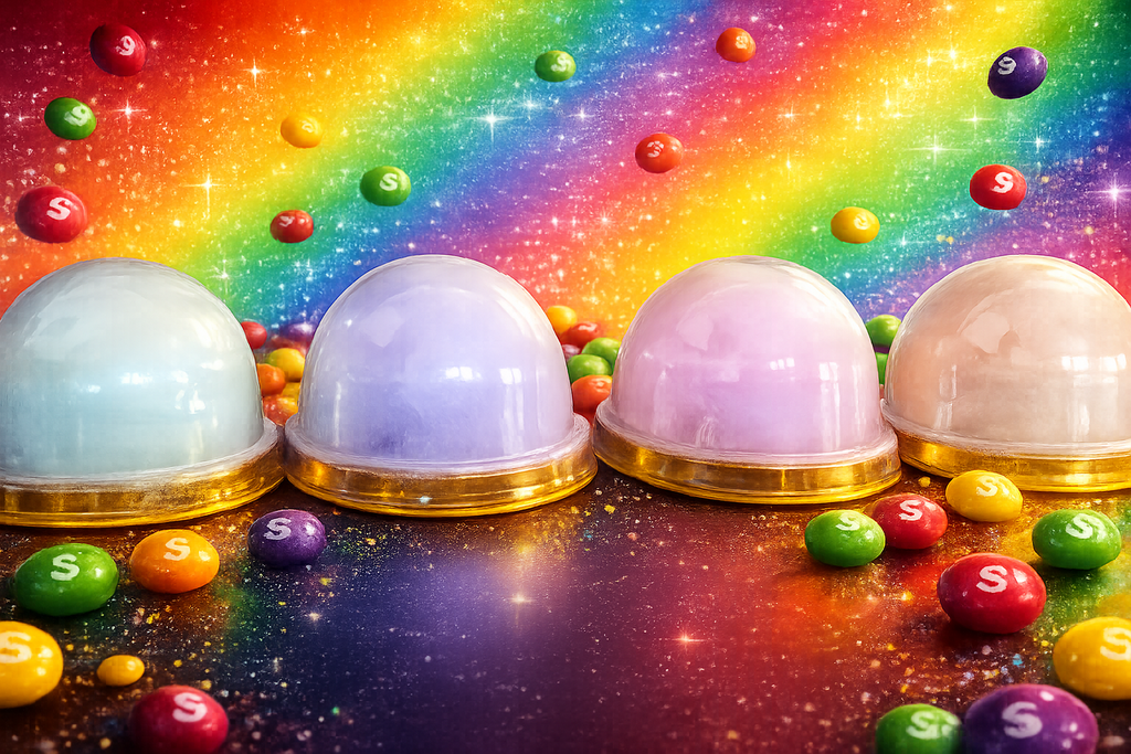 Colorful candy balls with dome-shaped containers against a rainbow and starry space background