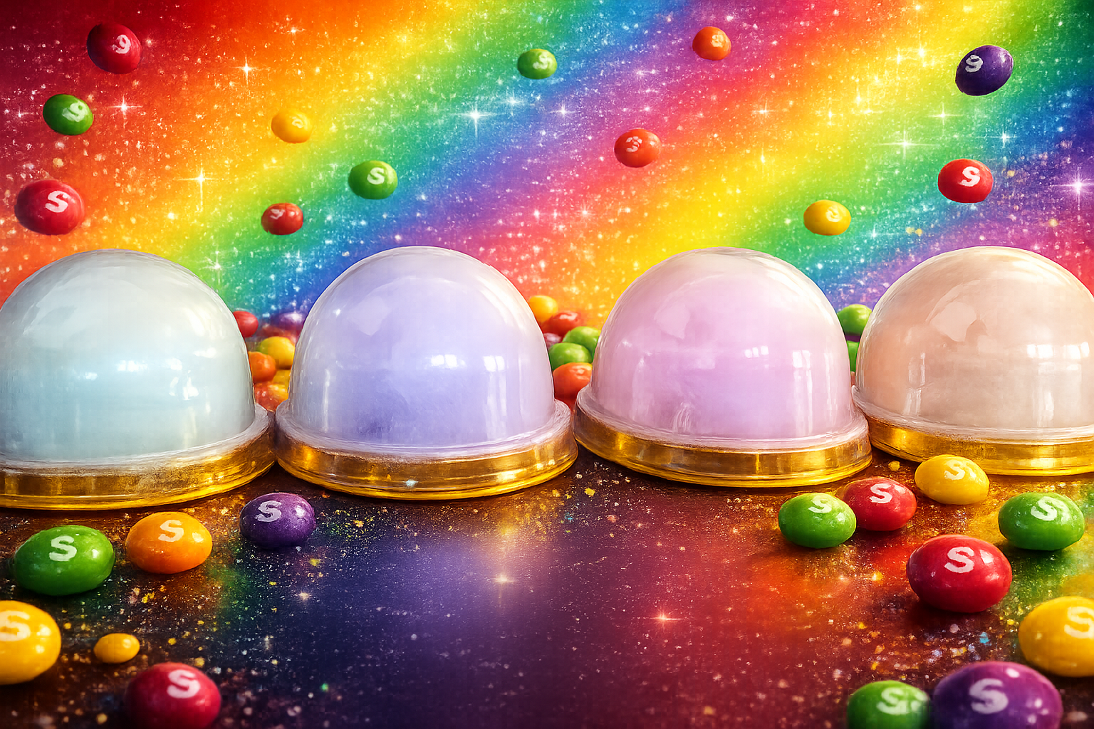Colorful candy balls with dome-shaped containers against a rainbow and starry space background