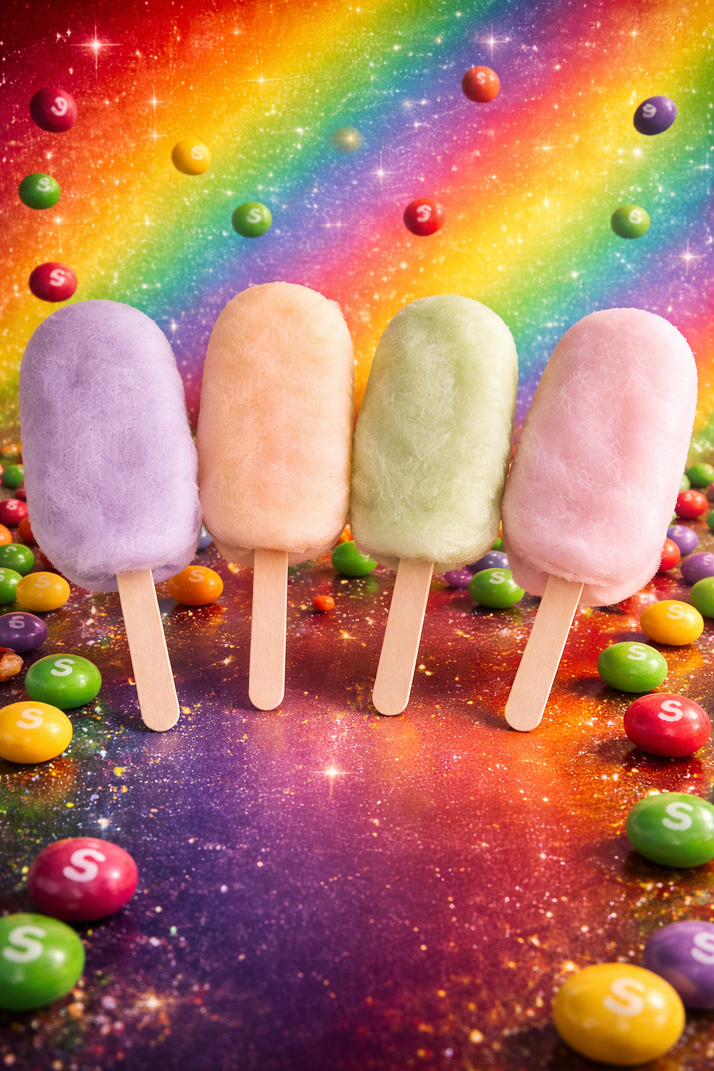 Four colorful ice lollies on sticks with a rainbow and candy background