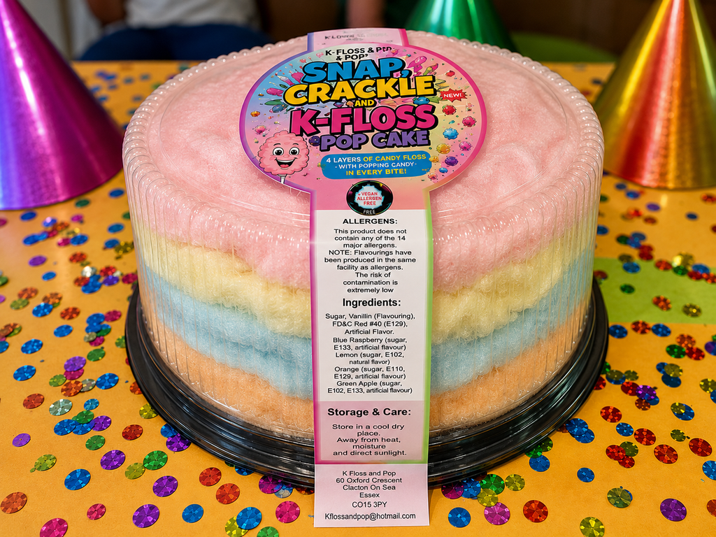 A round, tiered cotton candy cake with pink, yellow, and blue layers, wrapped in clear plastic and topped with a colorful 'Kissable Snap Crackle' label. It sits on a yellow table covered in confetti, with party hats in the background.