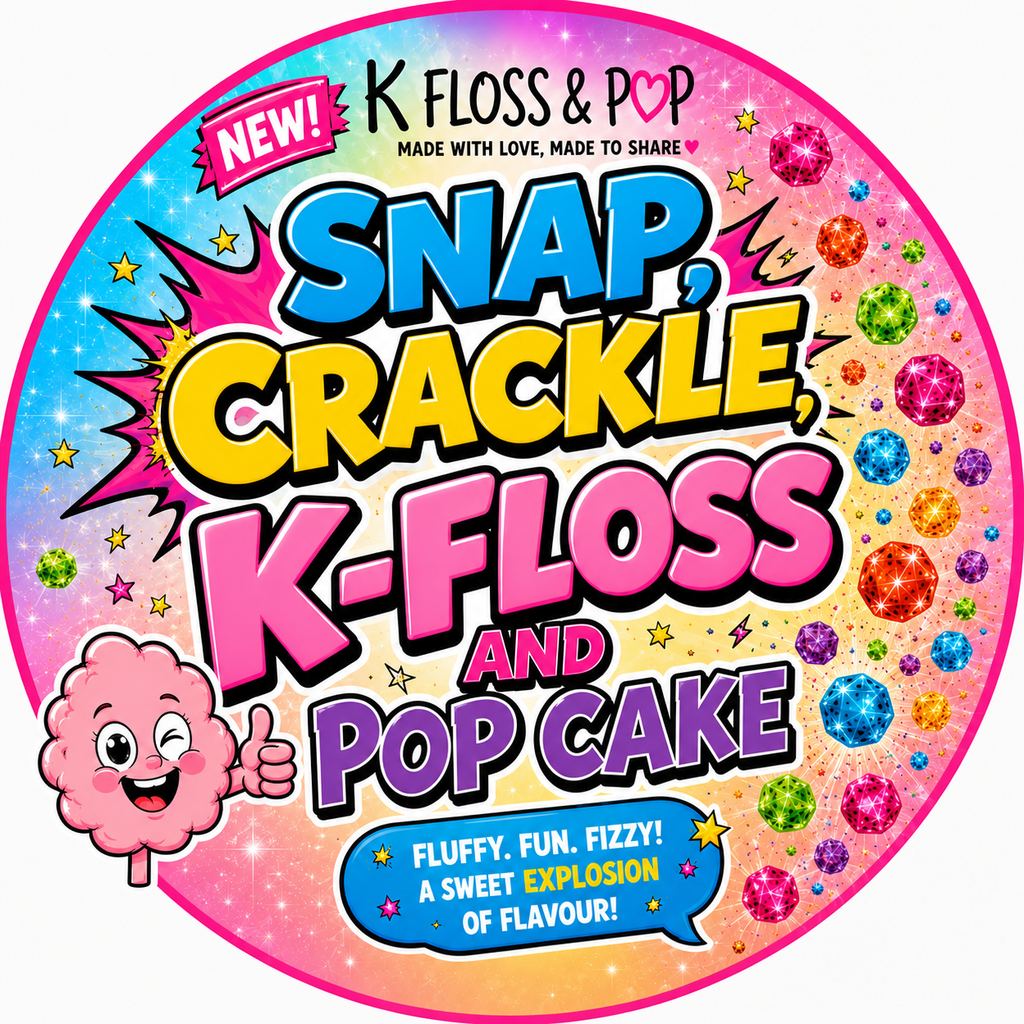 A colorful circular product label or packaging graphic for K Floss & Pop, featuring bold text reading 'SNAP, CRACKLE, K-FLOSS AND POP CAKE' with a pink cartoon character giving a thumbs-up and a blue speech bubble saying 'FLUFFY. FUN.