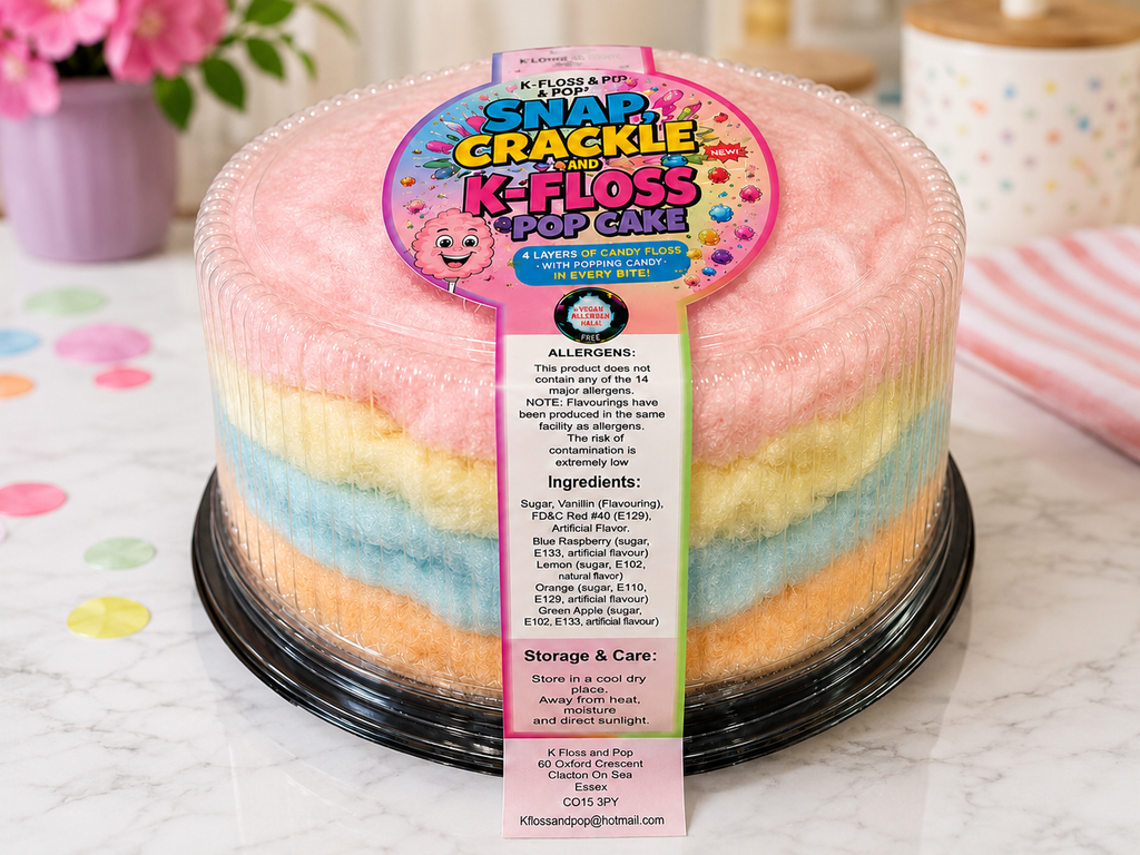 A round, rainbow-striped pop cake in a clear plastic container with a black base, featuring a colorful 'Snap Crackle K-Floss' label on top and a vertical product info card. The cake has pastel pink, orange, yellow, green, blue, and purple layers.