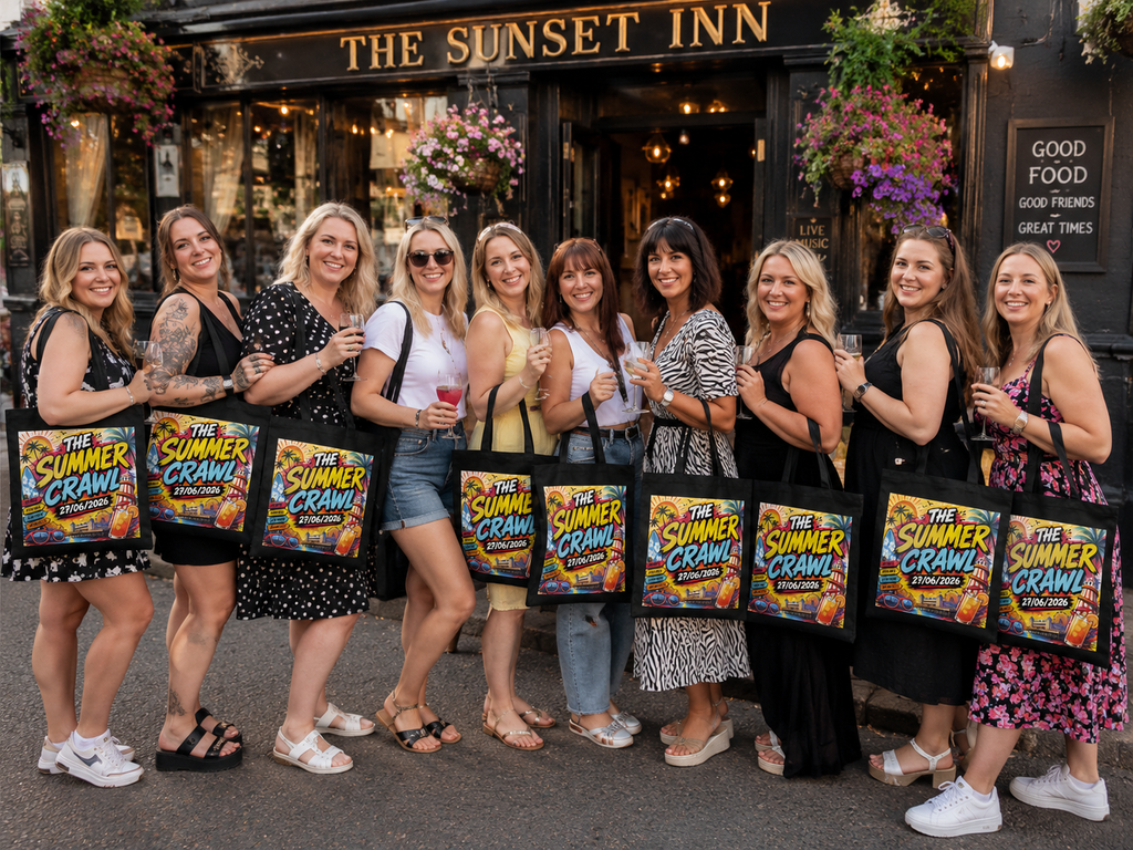 Group of women holding 'Summer Crawl' brochures in front of The Sunset Inn.
