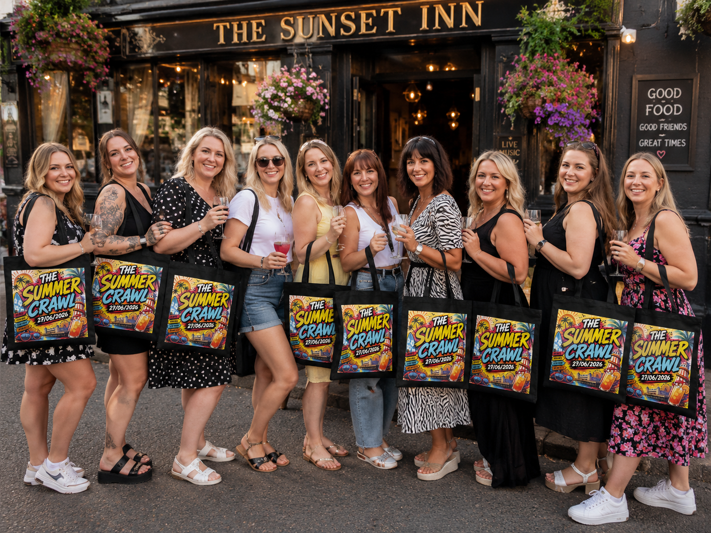 Group of women holding 'Summer Crawl' brochures in front of The Sunset Inn.