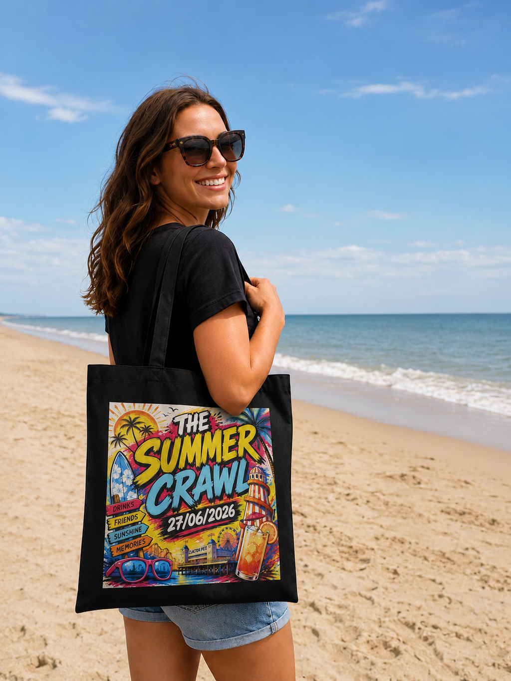 Woman holding a tote bag with 'The Summer Crawl' event details on a beach.