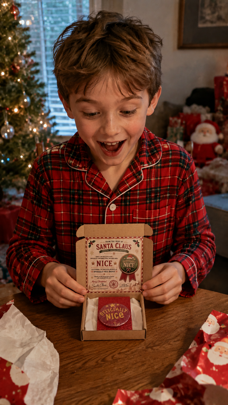 Child in red plaid pajamas opening a 'Nice' list box with a Christmas tree and decorations in the background.