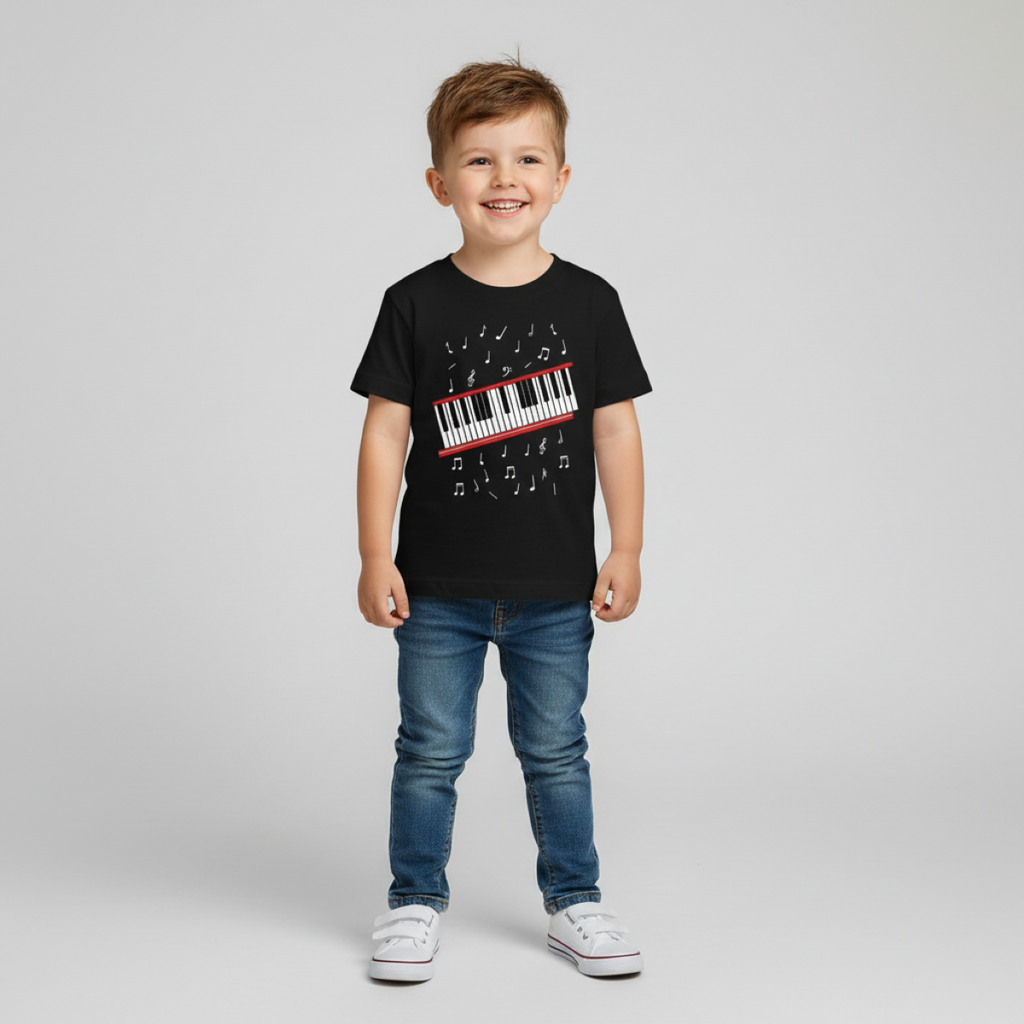 Child wearing a black t-shirt with a piano design on a plain background