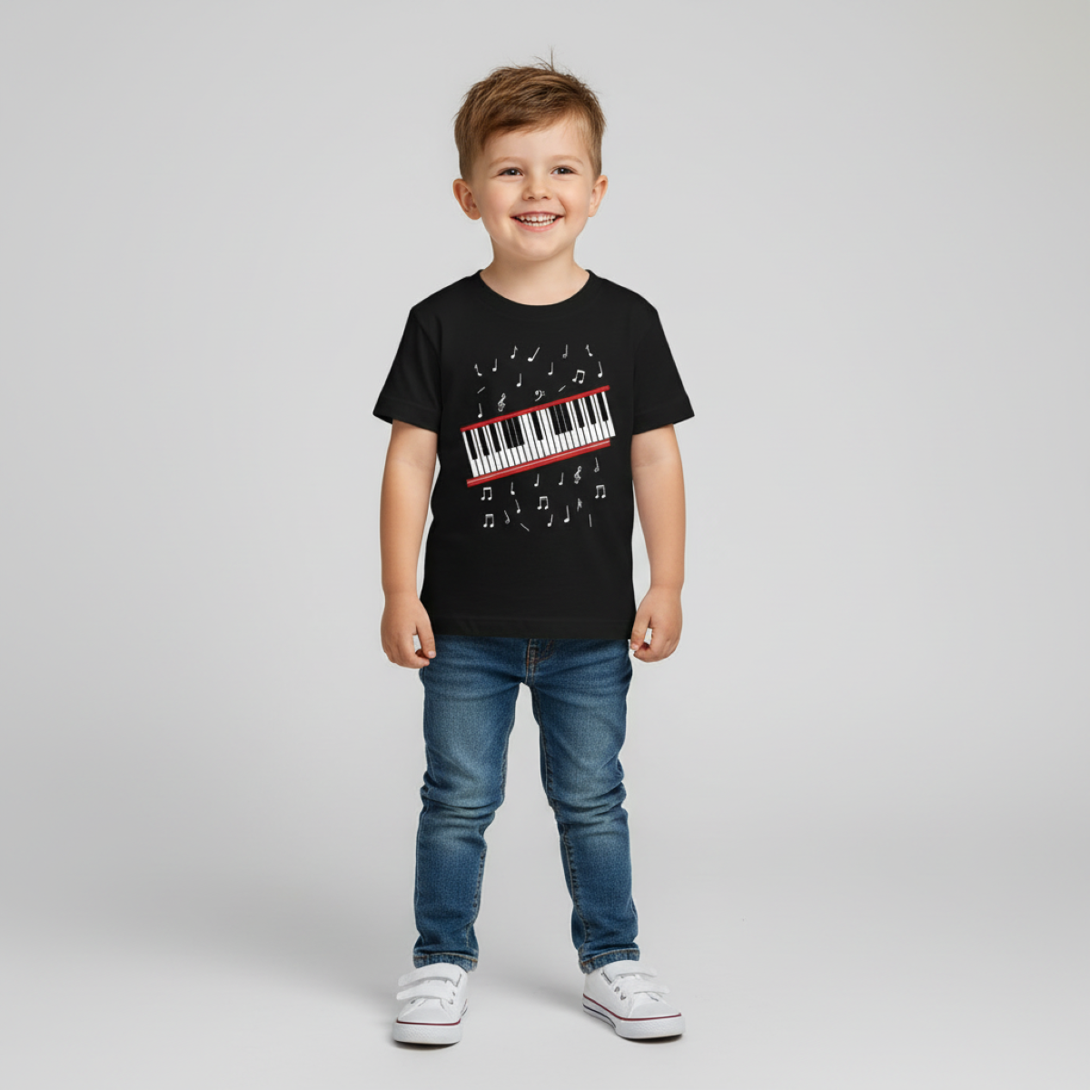 Child wearing a black t-shirt with a piano design on a plain background