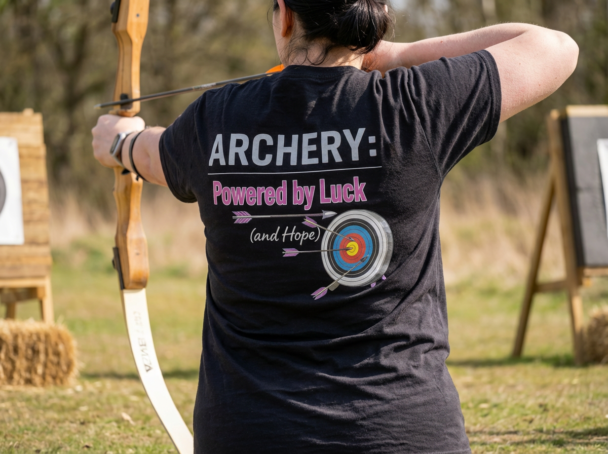 Person with archery-themed t-shirt and bow, standing outdoors.