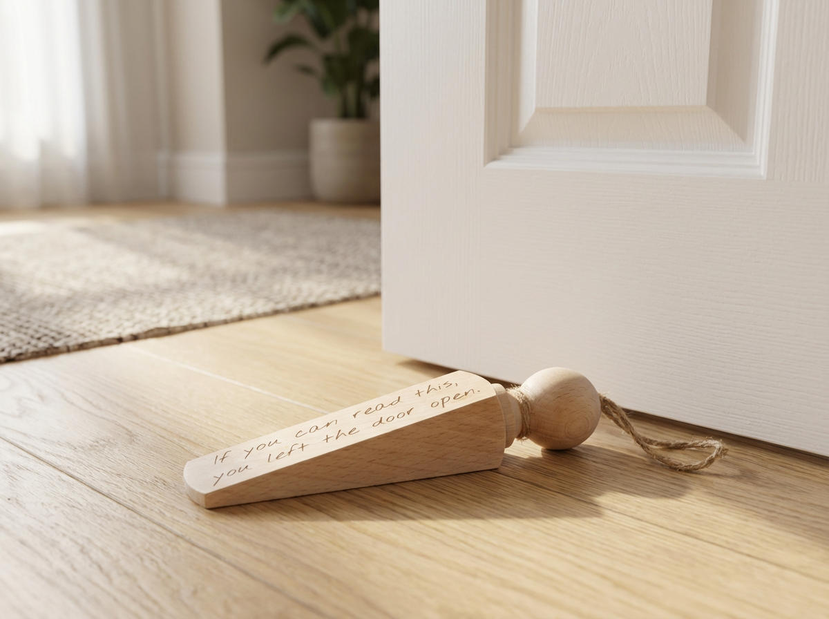 Wooden door stopper with a message on a wooden floor next to a white door.