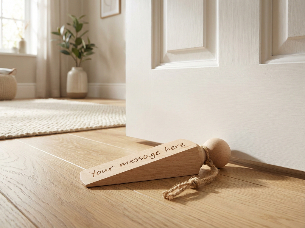 Wooden door stopper with 'Your message here' text on a wooden floor.