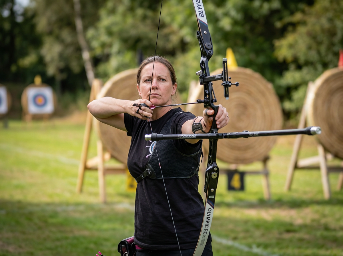 Woman in black shirt aiming a bow and arrow at targets in an outdoor archery range.