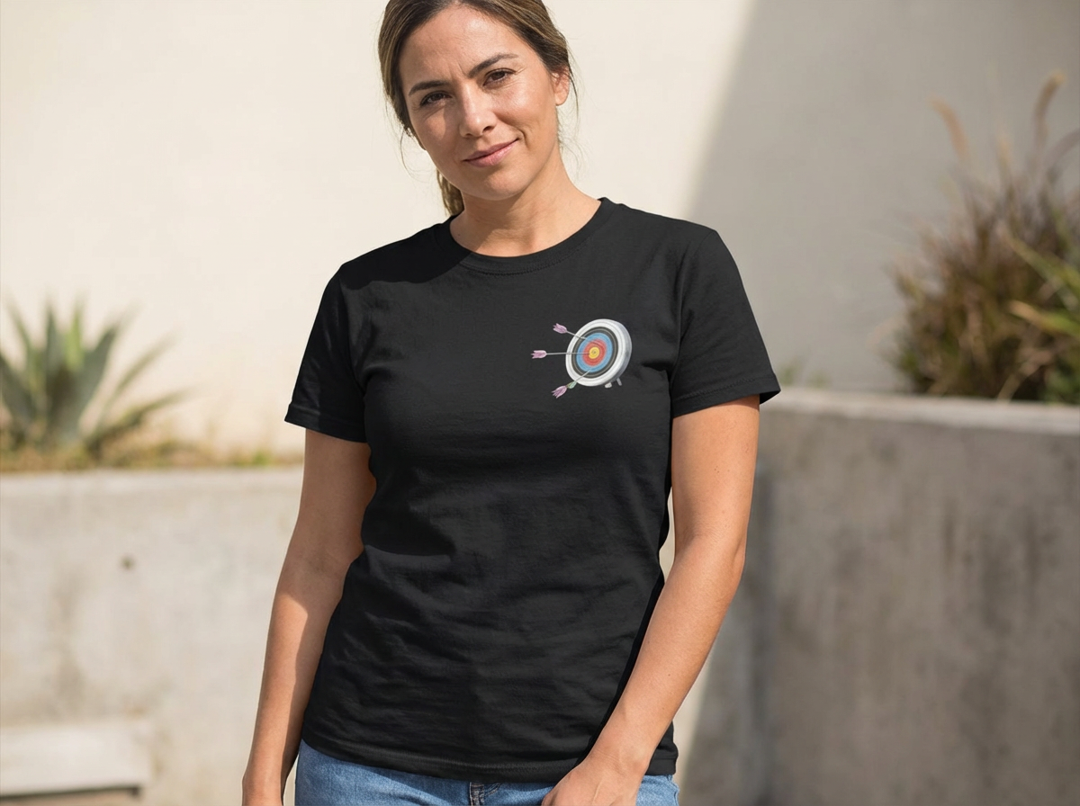 Woman wearing a black t-shirt with a target design outdoors