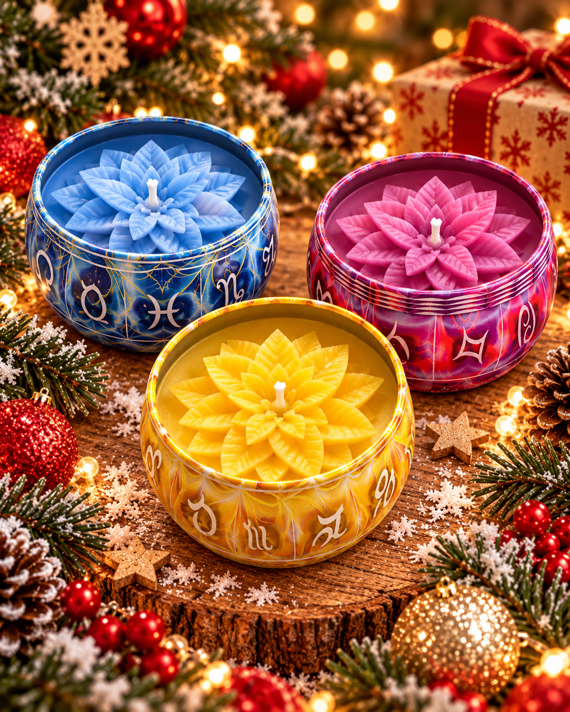 Three decorative jar candles in blue, pink, and yellow are arranged on a rustic wood slice surrounded by Christmas ornaments, pinecones, and warm string lights.