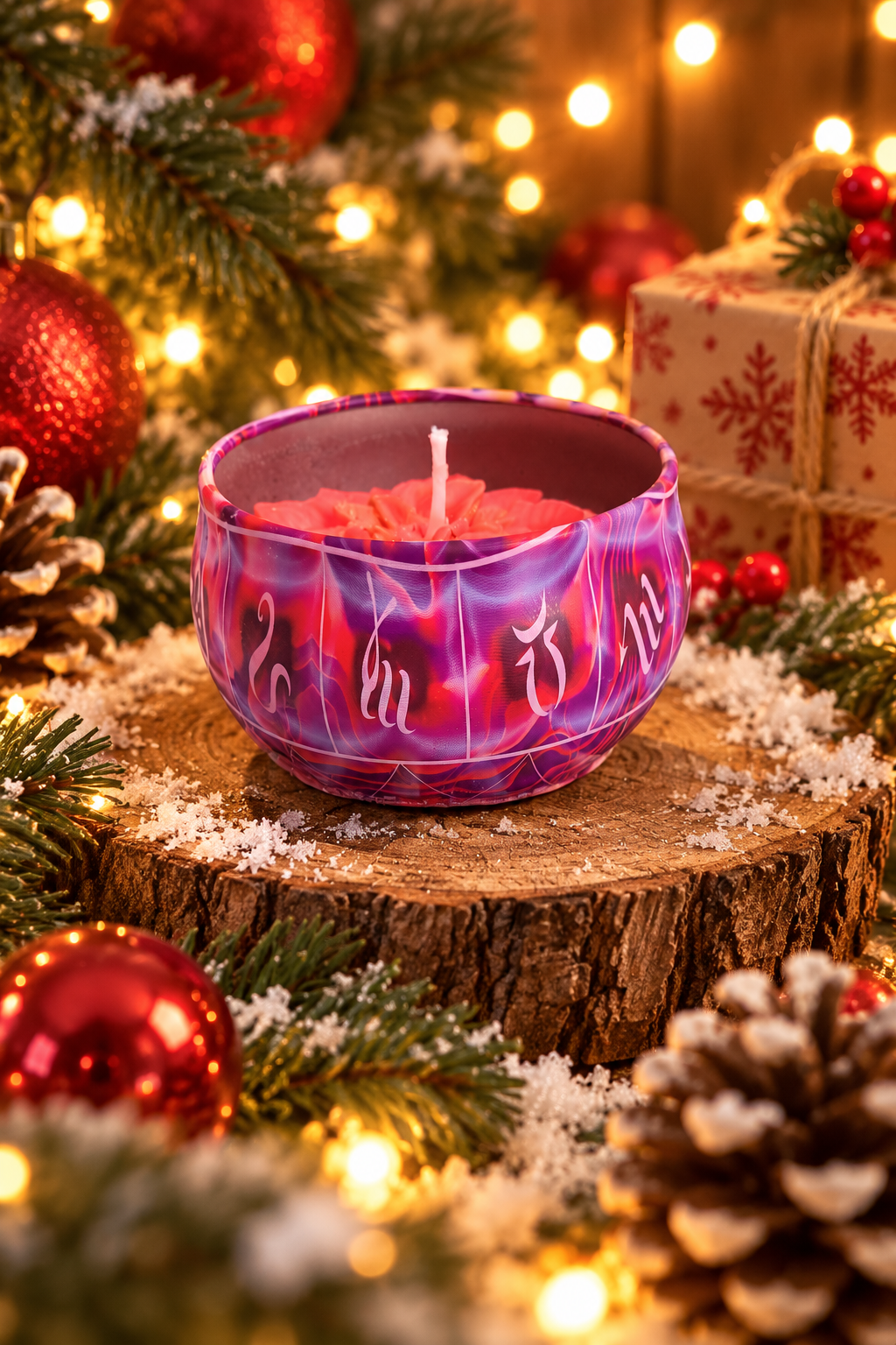 A marbled purple and pink wax candle with white Hebrew lettering, displayed on a rustic wood slice surrounded by Christmas decorations, evergreen branches, red ornaments, and warm string lights.